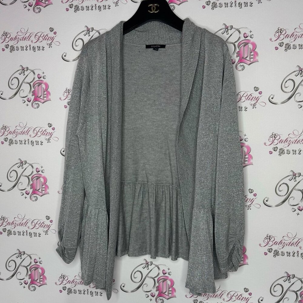 Lety & me cardigan grey sparkly shimmer grey silver ruffle tiered trim cinch